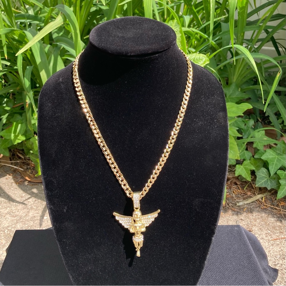 Gold Chain Cuban Necklace 7mm and Icy Angel Pendant Set